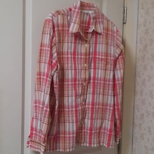 Hot pink, tan, white button down plaid top.
